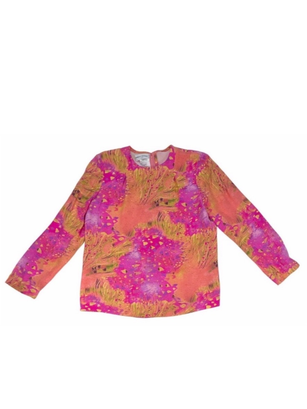 Mirella Cavorso Silk Blouse M Pink Orange Print Long Sleeve Top Vintage Work Fun